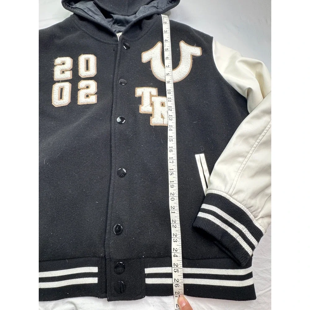 True Religion Hooded Varsity Jacket Black White Chenille Patch XL 51086-00